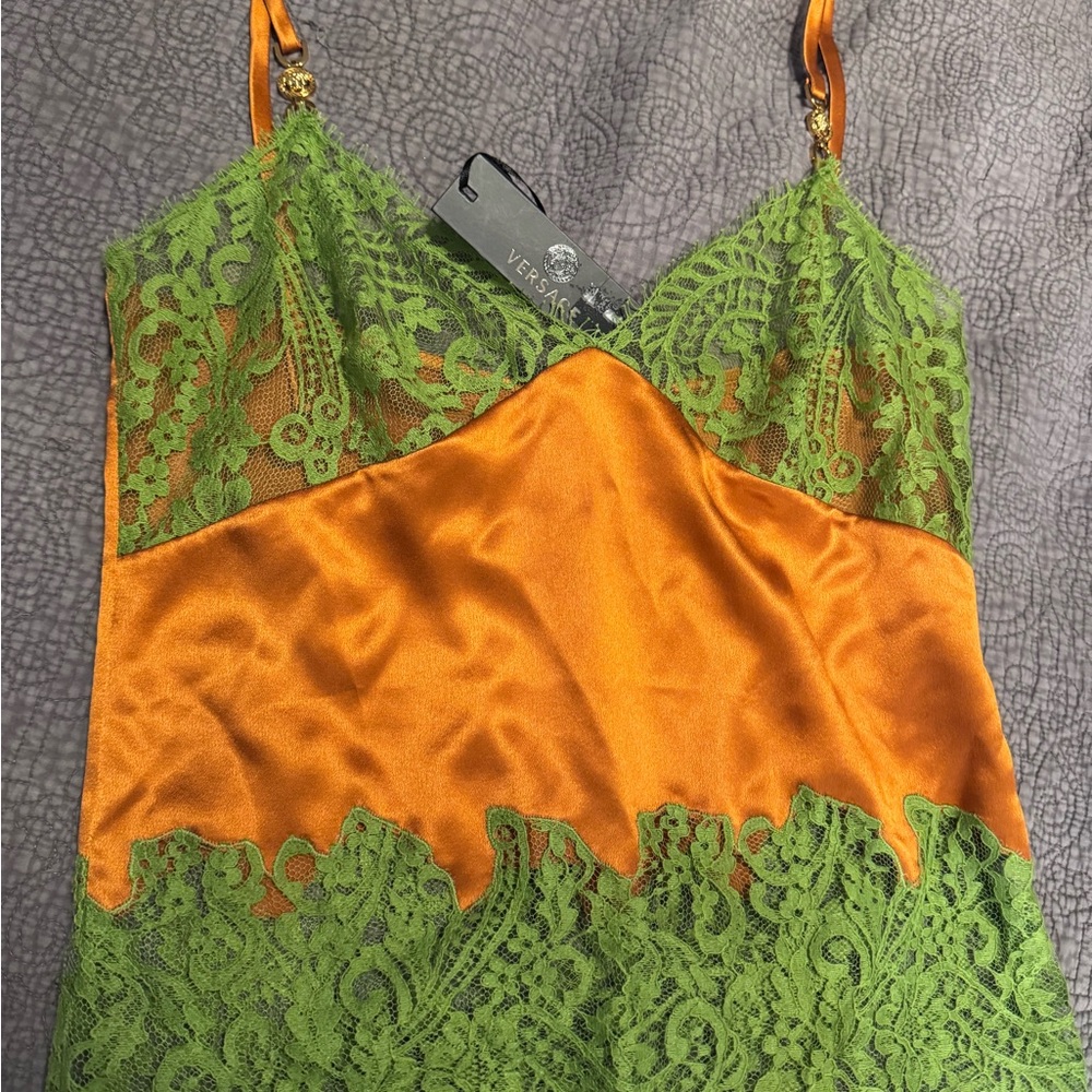 Versace Orange and Green Lace Slip Dress- sz 38